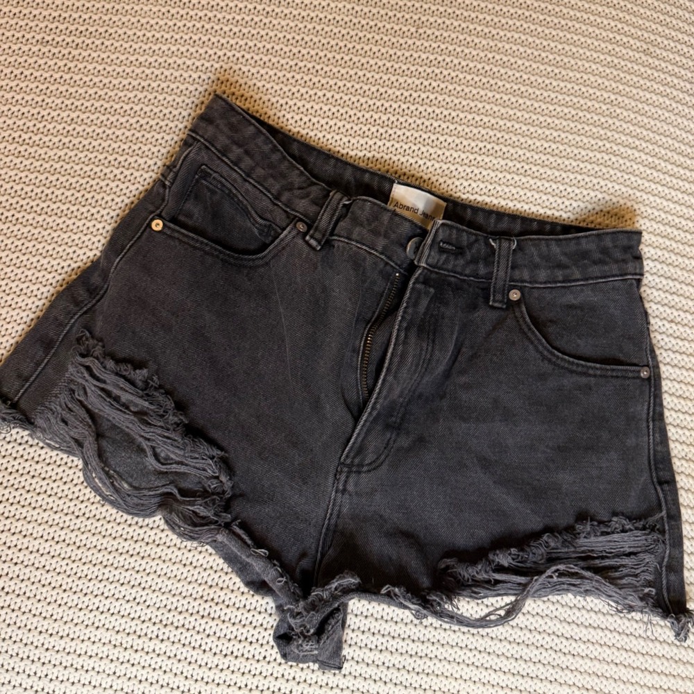 Abrand Jeans Womens High Waisted Distressed Denim Shorts Washed Black Charcoal